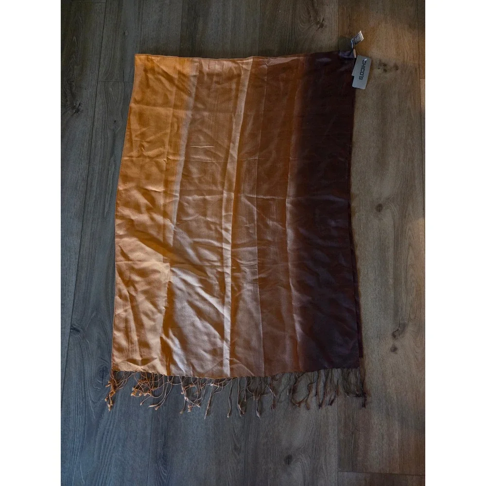 Chicos 100% Silk Ombre Gradient Scarf Brown Copper Gold Fringed Wrap NWT